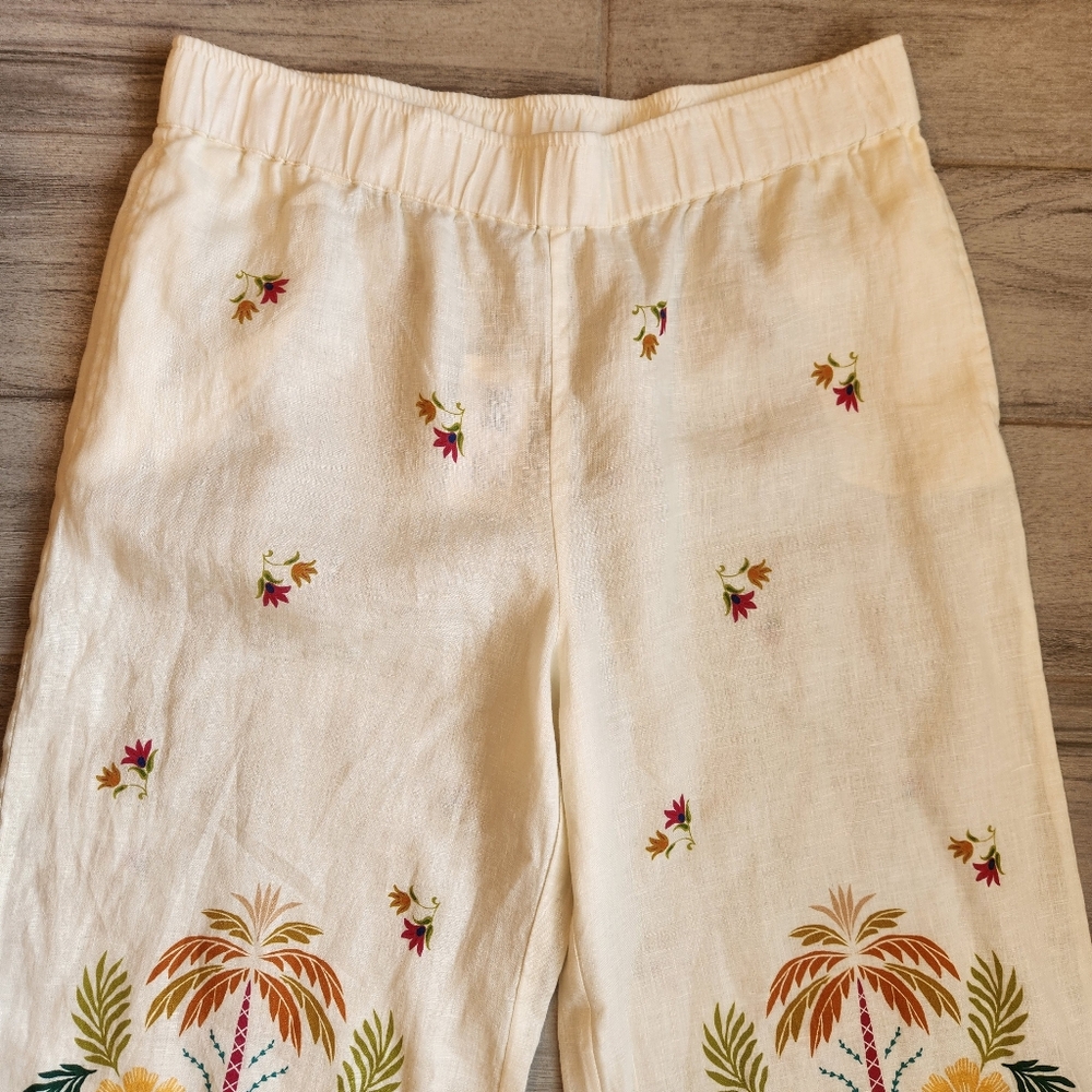 Johnny Was Pants L Ivory 100% Linen Soller Wide Leg Embroidered Boho New $225 - Picture 15 of 16